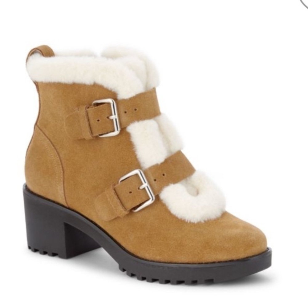 Saks Fifth Avenue Hailey Suede Chunky Winter Boots w Buckles Faux Fur Trim Sz 10